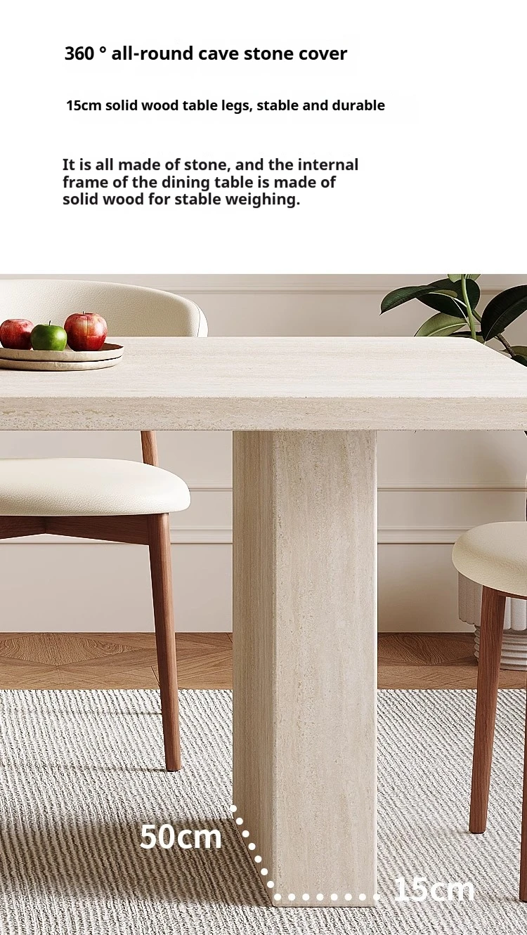 Any Size Custom Mid Century Retro Travertine Dining Set Solid Wood Upholstered Chairs Stable Load Family Home Dining Furniture