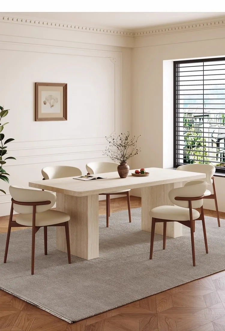 Any Size Custom Mid Century Retro Travertine Dining Set Solid Wood Upholstered Chairs Stable Load Family Home Dining Furniture