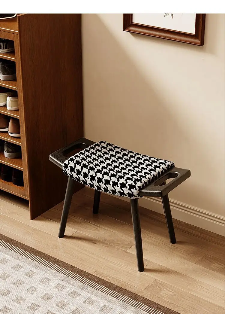 French Retro Solid Wood Vanity Stool, Mid-Century Makeup Chair for Bedroom Entryway Shoe Changing