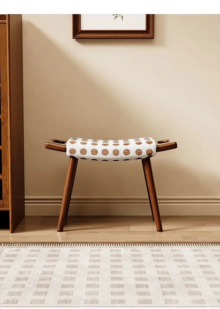 French Retro Solid Wood Vanity Stool, Mid-Century Makeup Chair for Bedroom Entryway Shoe Changing