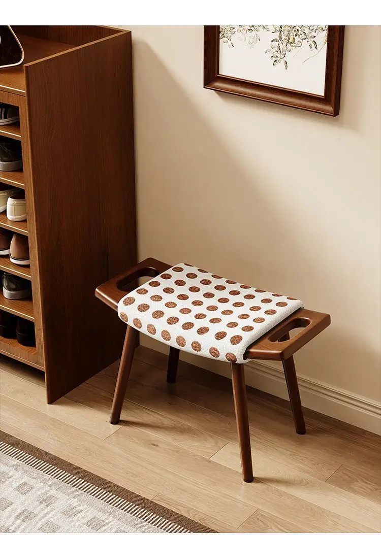 French Retro Solid Wood Vanity Stool, Mid-Century Makeup Chair for Bedroom Entryway Shoe Changing