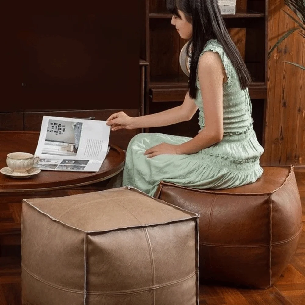 Light Luxury Non-Slip Storage Stool Waterproof Large Capacity Unstuffed Cushion Cover No Fillings Square Leather Pouf Bedroom