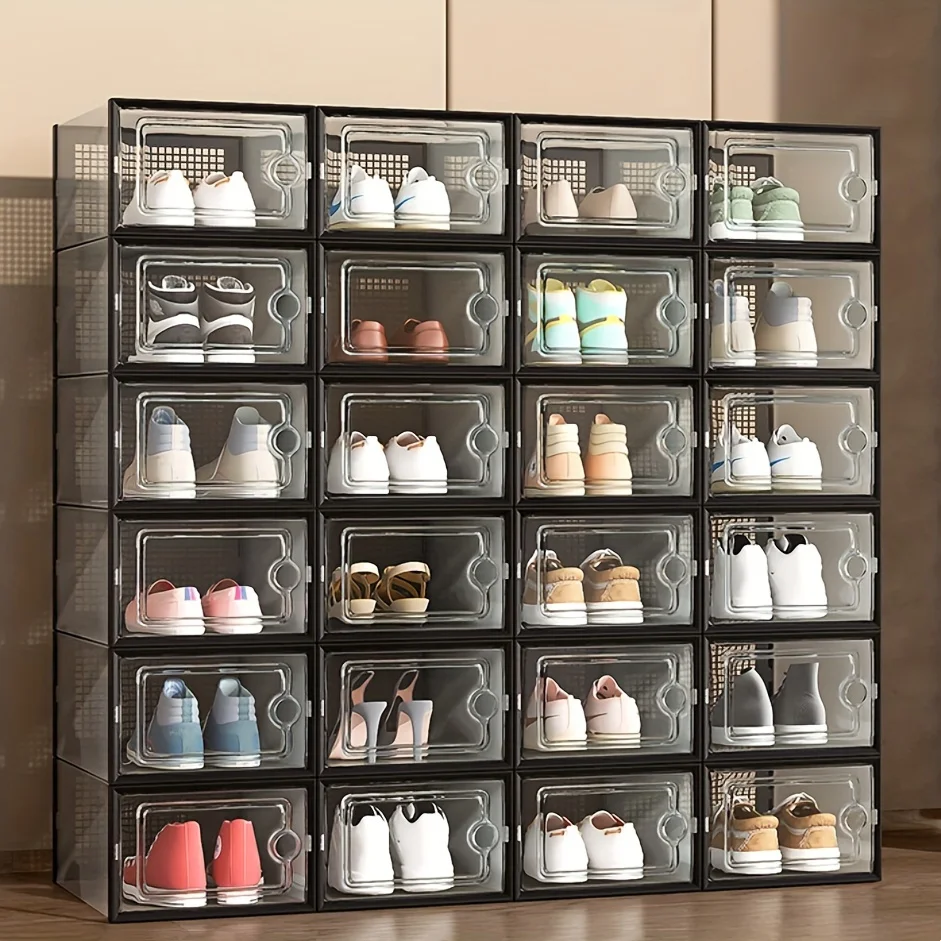 6/12/24pcs Transparent Shoe Boxes Stackable Shoe Cases Storage Plastic Shoes Box Dustproof Sneaker Boxes Shoes Furniture Organiz
