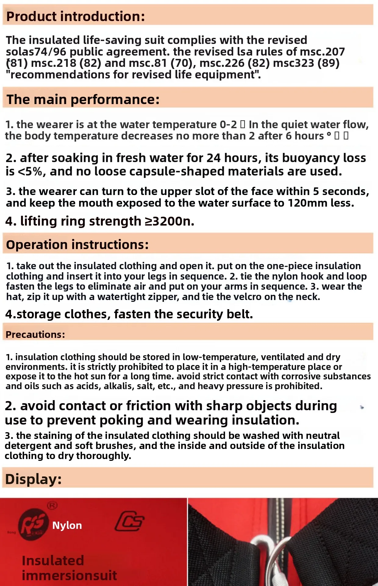 Marine Insulated Immersion Suit Thermal Life Saving Survival Suit for Ship Offshore SOLAS Cold Water Protection