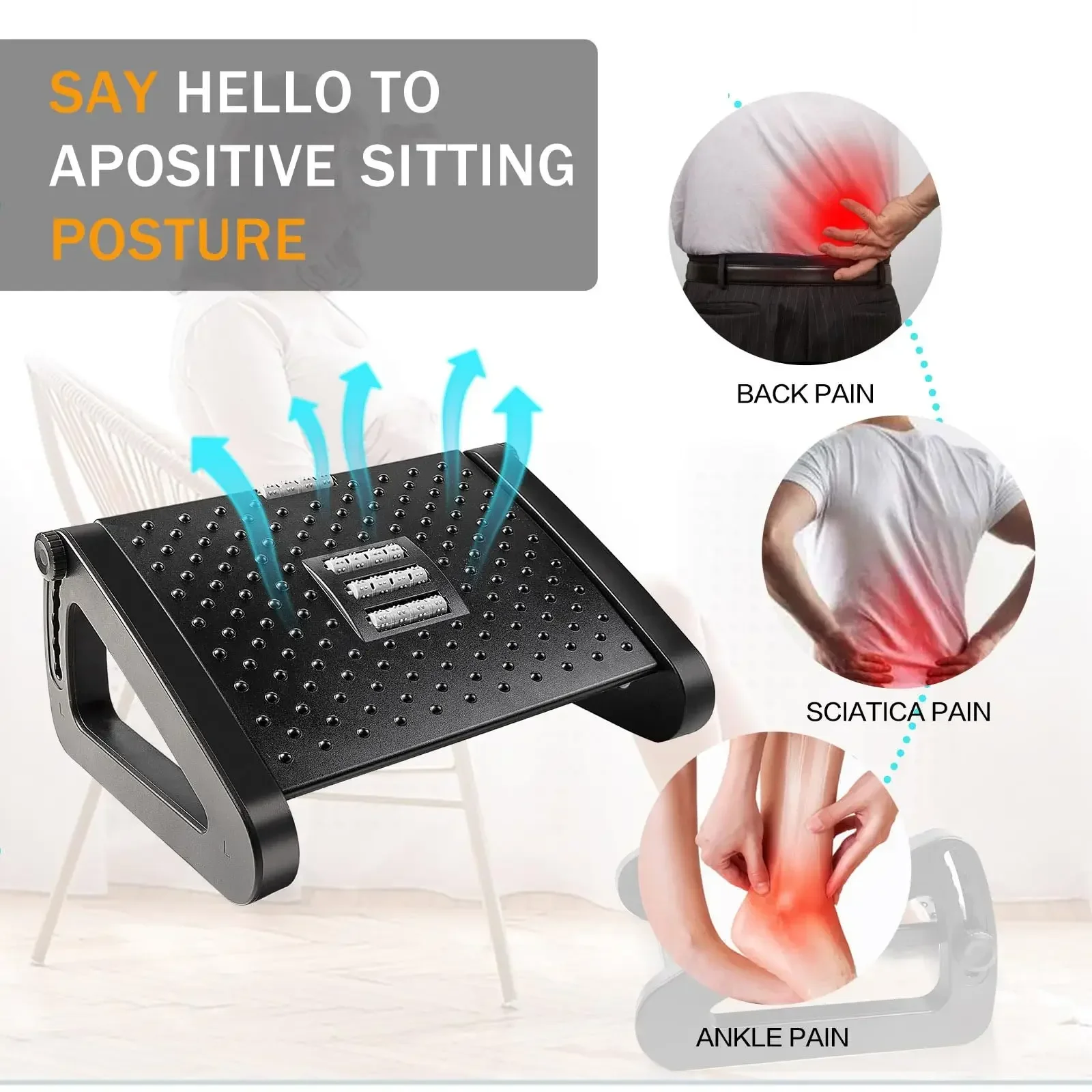 Adjustable Desk-Side Footrest Improves Posture Foot Ergonomic Aid Sturdy Design Massage Rollers for Study Room, Home