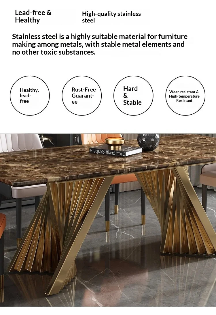 Any Size Custom Luxury Marble Dining Table With Gold Metal Frame Waterproof Wear Resistant Stable For Dining Guest Room