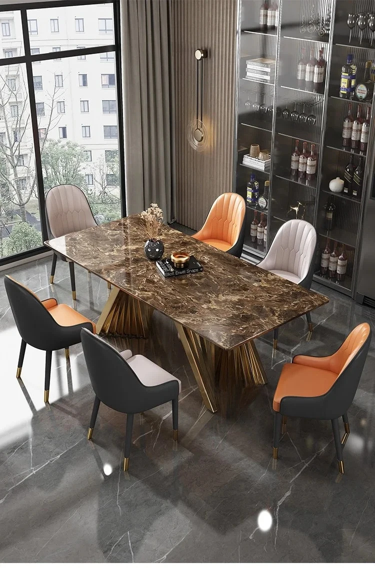 Any Size Custom Luxury Marble Dining Table With Gold Metal Frame Waterproof Wear Resistant Stable For Dining Guest Room