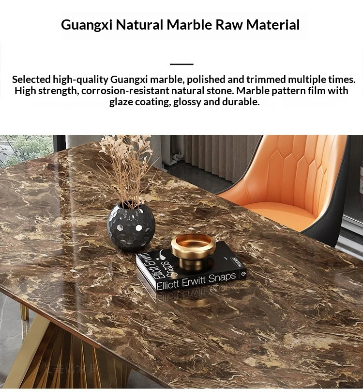 Any Size Custom Luxury Marble Dining Table With Gold Metal Frame Waterproof Wear Resistant Stable For Dining Guest Room