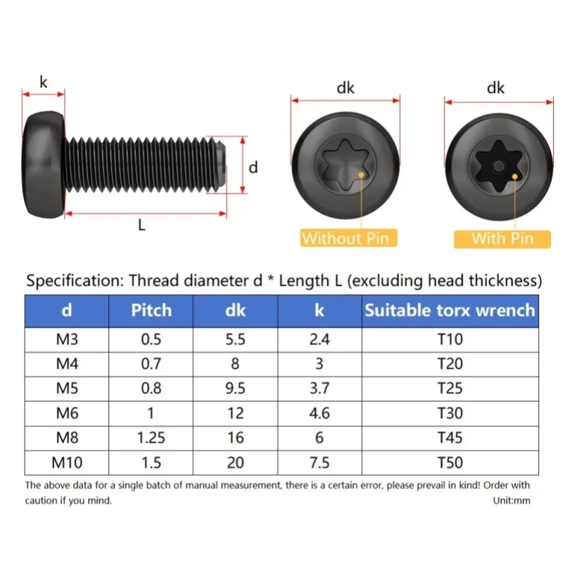 Black 304 Stianless Steel Six-Lobe Torx Pan Round Button Head Screw With/Without Pin Tamper Proof Security Bolt M3~M10