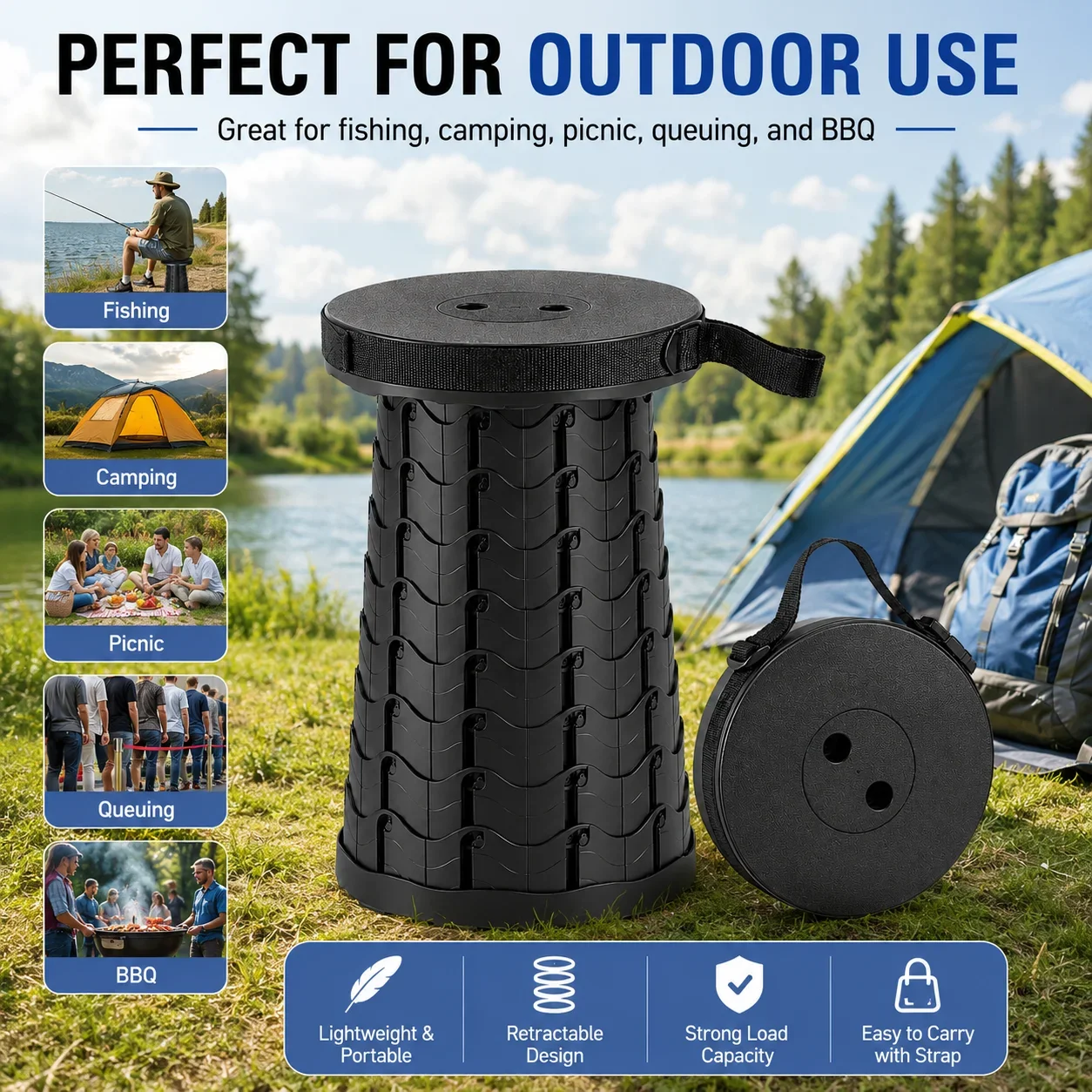 Foldable FishingChair PortableLightweight with Carry Bag for Camping OutdoorComfort Durable Support Camping Chairs Folding Chair