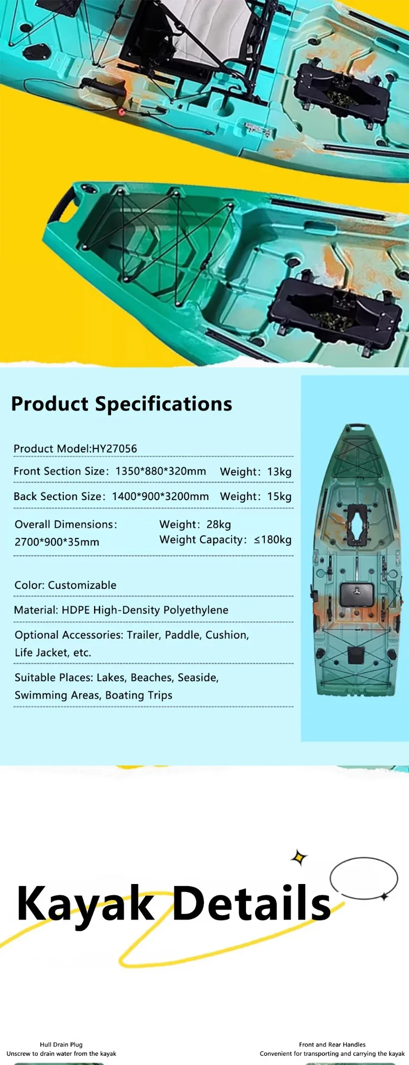 HDPE Modular Kayak Electric/Pedal-Driven Inflatable Kayak Portable Lightweight Fishing Kayak Canoe with Durable Accessories