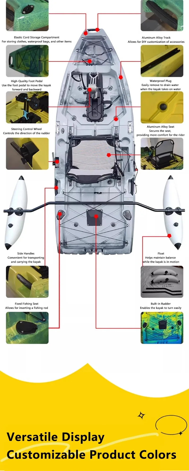 HDPE Modular Kayak Electric/Pedal-Driven Inflatable Kayak Portable Lightweight Fishing Kayak Canoe with Durable Accessories