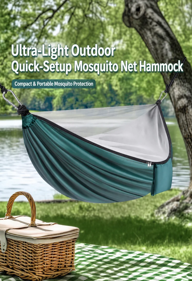 2-In-1 Camping Hammock With Mosquito Net 3m Straps and Carabiner Storage Bag Anti-Tilt-Over Outdoor Leisure Swing for Adults