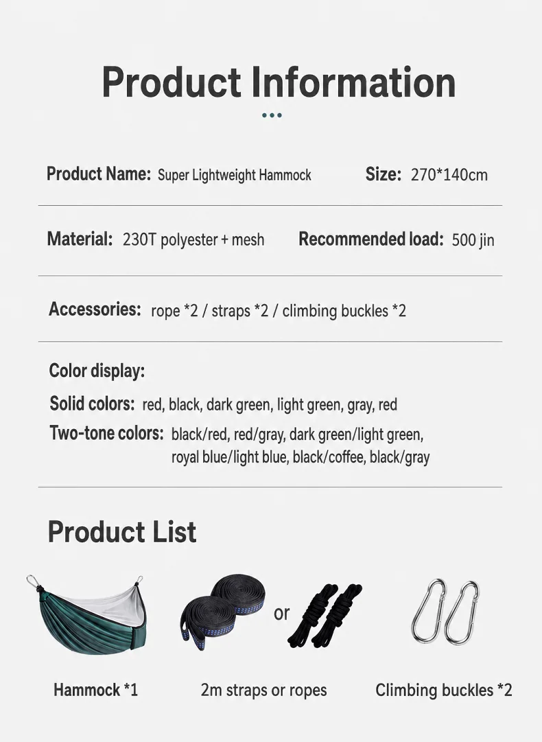 2-In-1 Camping Hammock With Mosquito Net 3m Straps and Carabiner Storage Bag Anti-Tilt-Over Outdoor Leisure Swing for Adults