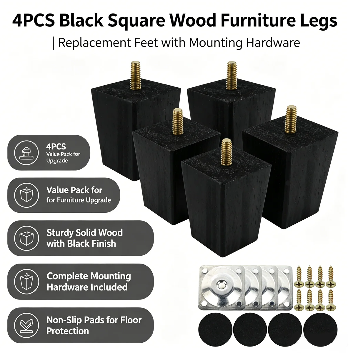 4Pcs 6/10/15CM Solid Wood Furniture Feets Sofa Cabinets Legs Square Bed Table Chair Replacement Feet Home Furniture Accessories