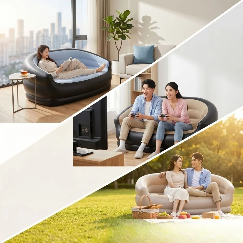 Inflatable Double Sofa, Flocking Inflatable Sofa, Double Inflatable Lazy Sofa Outdoor Sofa Foldable Outdoor Sofa