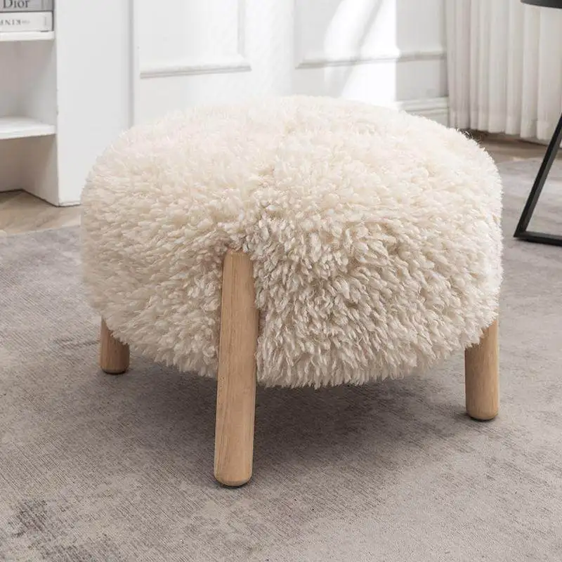 Nordic Creamy Ottoman, Solid Wood Footrest with Lambs Wool, Removable Washable Cover, Non Slip Pads, Stool for Sofa, Tea Table