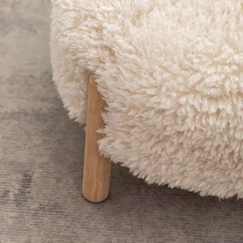 Nordic Creamy Ottoman, Solid Wood Footrest with Lambs Wool, Removable Washable Cover, Non Slip Pads, Stool for Sofa, Tea Table