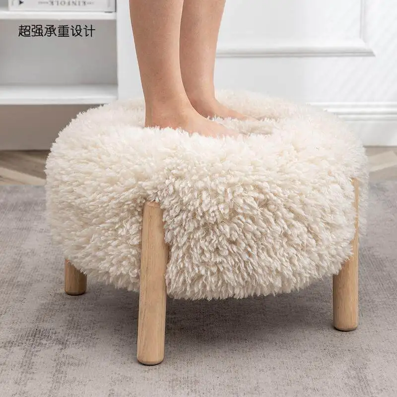 Nordic Creamy Ottoman, Solid Wood Footrest with Lambs Wool, Removable Washable Cover, Non Slip Pads, Stool for Sofa, Tea Table