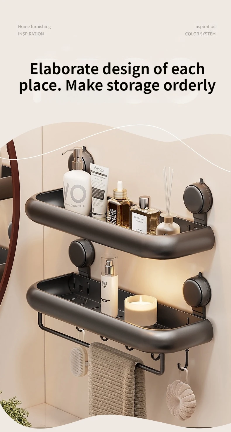 Suction Cup Bathroom Towel Rack Space Aluminum Wall-Mounted Minimalist Multi-Functional Storage Shelf No Drilling Required