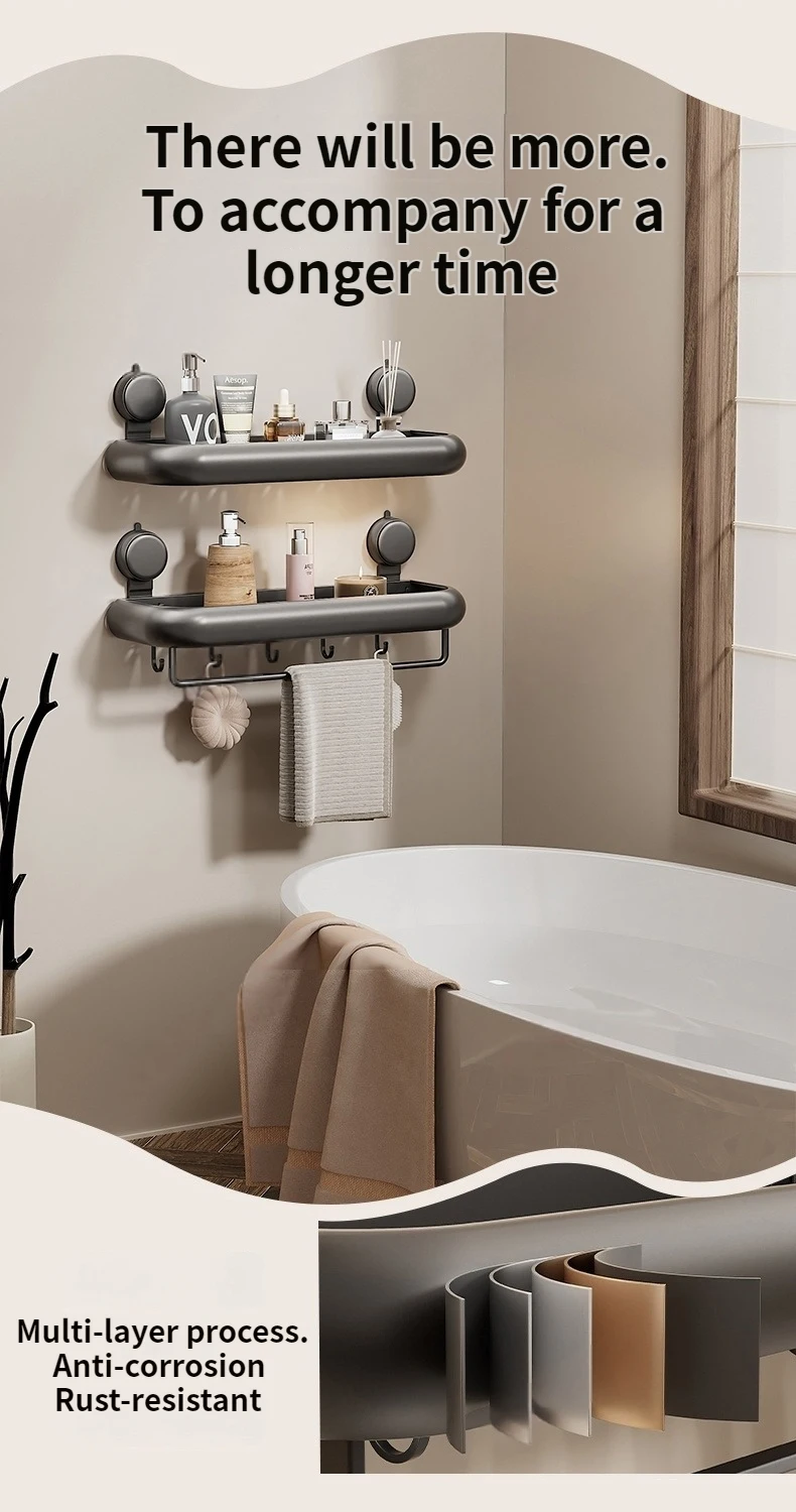 Suction Cup Bathroom Towel Rack Space Aluminum Wall-Mounted Minimalist Multi-Functional Storage Shelf No Drilling Required