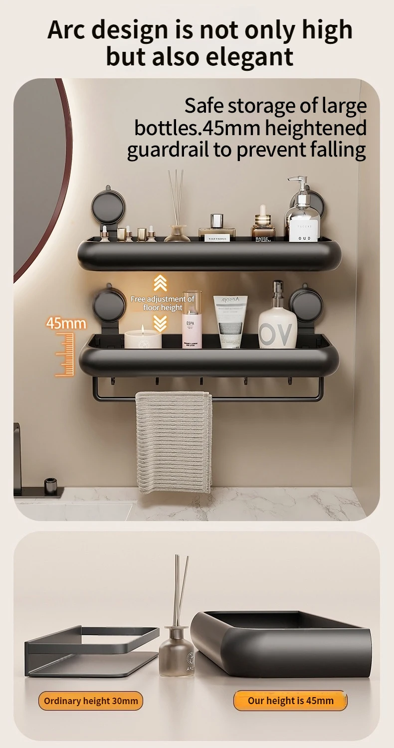 Suction Cup Bathroom Towel Rack Space Aluminum Wall-Mounted Minimalist Multi-Functional Storage Shelf No Drilling Required
