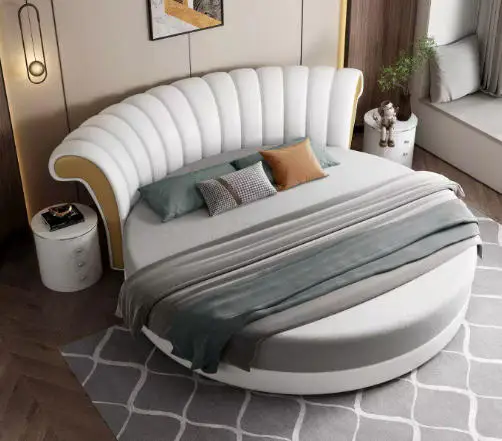 ¥%Real Leather Round Bed, Double Bed, Deluxe Master Bedroom, Light Luxury Style Round Bed