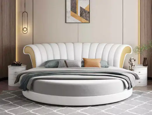 ¥%Real Leather Round Bed, Double Bed, Deluxe Master Bedroom, Light Luxury Style Round Bed
