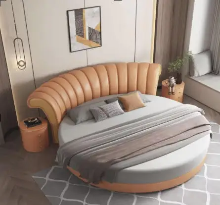 ¥%Real Leather Round Bed, Double Bed, Deluxe Master Bedroom, Light Luxury Style Round Bed