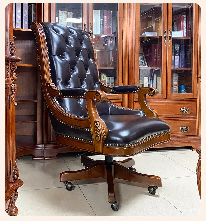 HXL solid wood office swivel chair leather engraved computer desk chair
