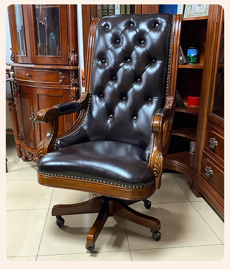 HXL solid wood office swivel chair leather engraved computer desk chair