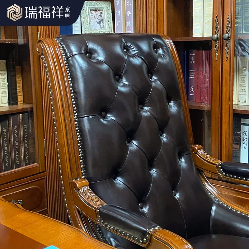 HXL solid wood office swivel chair leather engraved computer desk chair