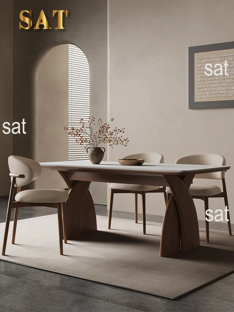!@Nordic Solid Wood Dining Table, Home Use Glossy Rock Board, Modern and Simple Imported Walnut Oak Rectangular Rice Table