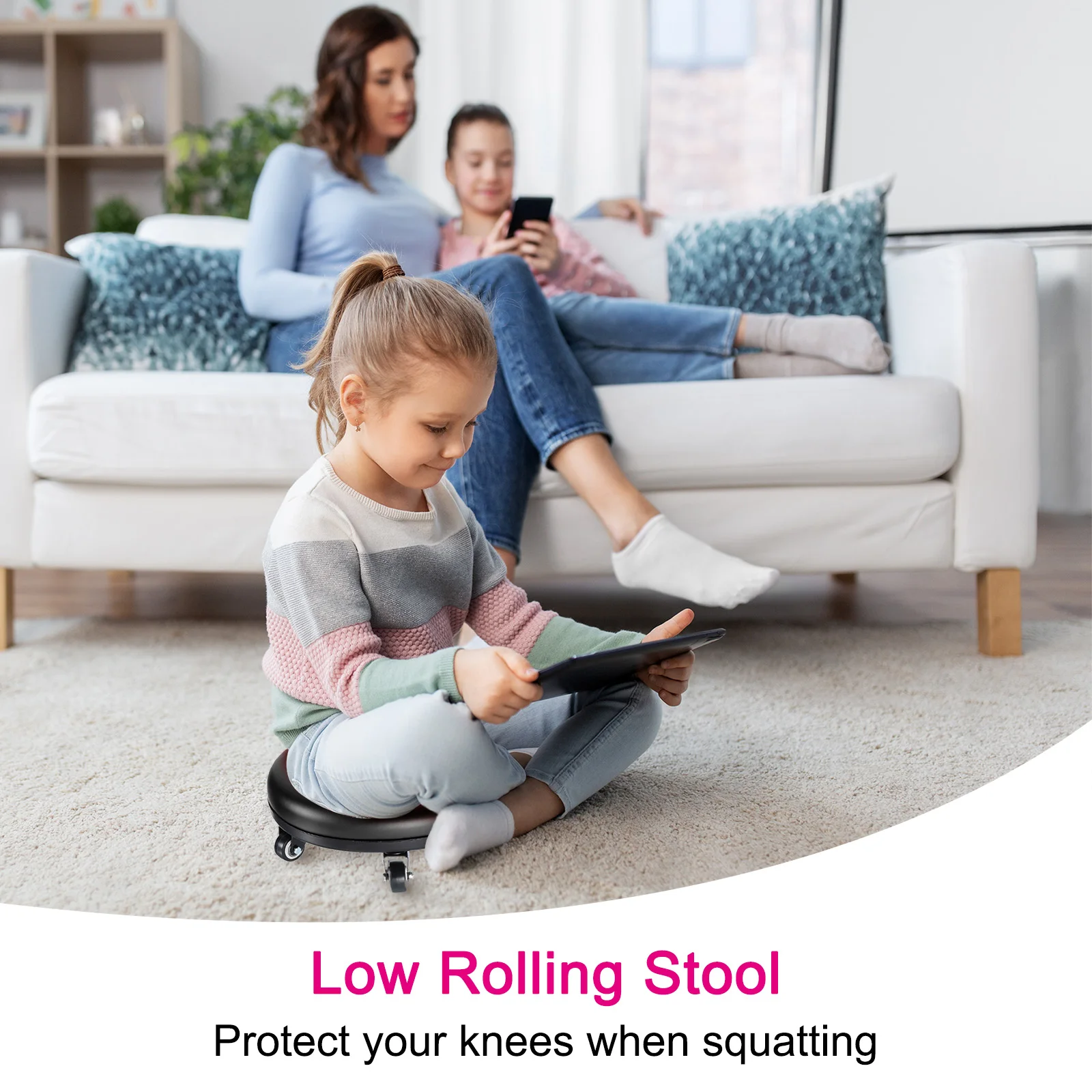 1 Set Low Rolling Stool with Wheels PU Leather Low Roller Seat Chair Low Height Drop Proof Rolling Stools Leather Pulley Stools