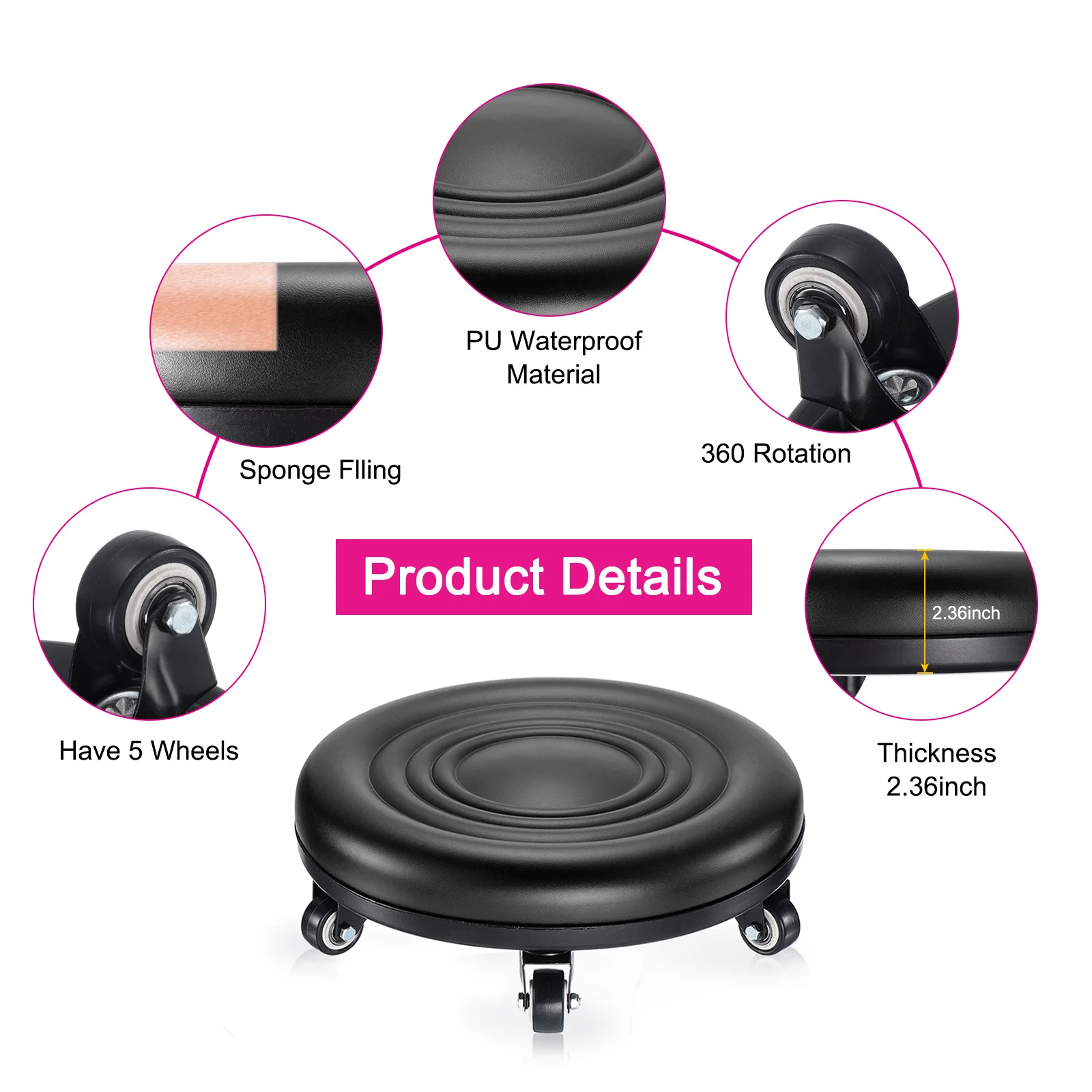 1 Set Low Rolling Stool with Wheels PU Leather Low Roller Seat Chair Low Height Drop Proof Rolling Stools Leather Pulley Stools