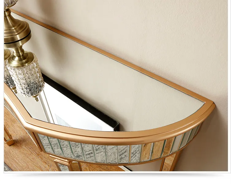 Light luxury mirrored entryway table, golden semi-circular entryway table, living room decorative side table