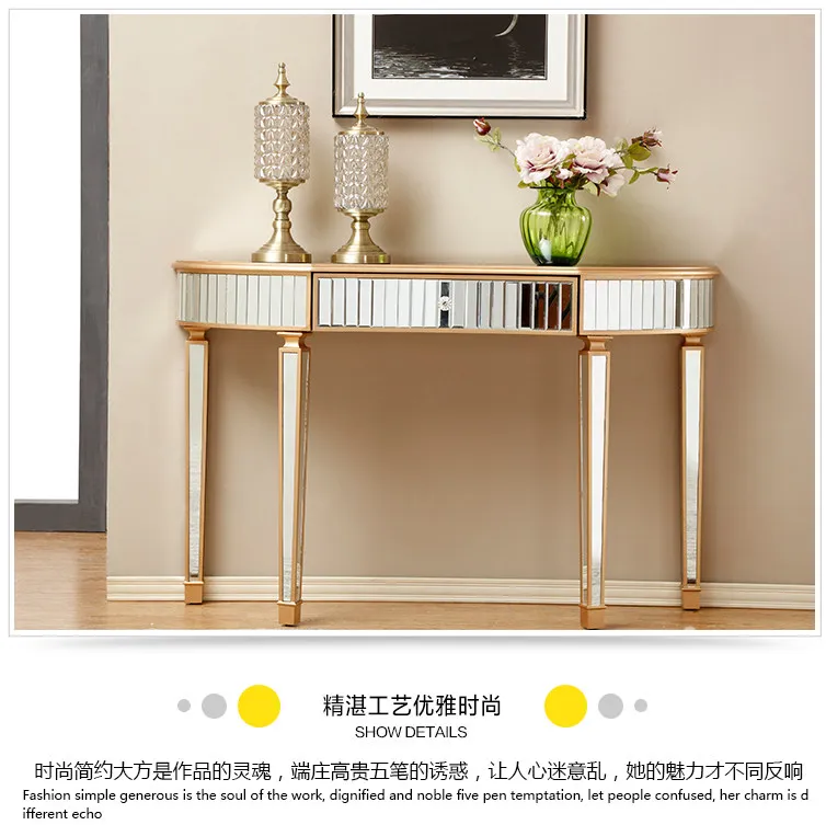 Light luxury mirrored entryway table, golden semi-circular entryway table, living room decorative side table