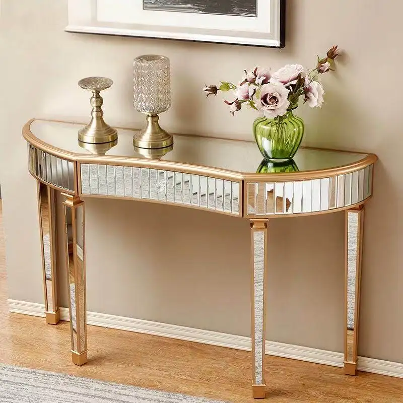 Light luxury mirrored entryway table, golden semi-circular entryway table, living room decorative side table