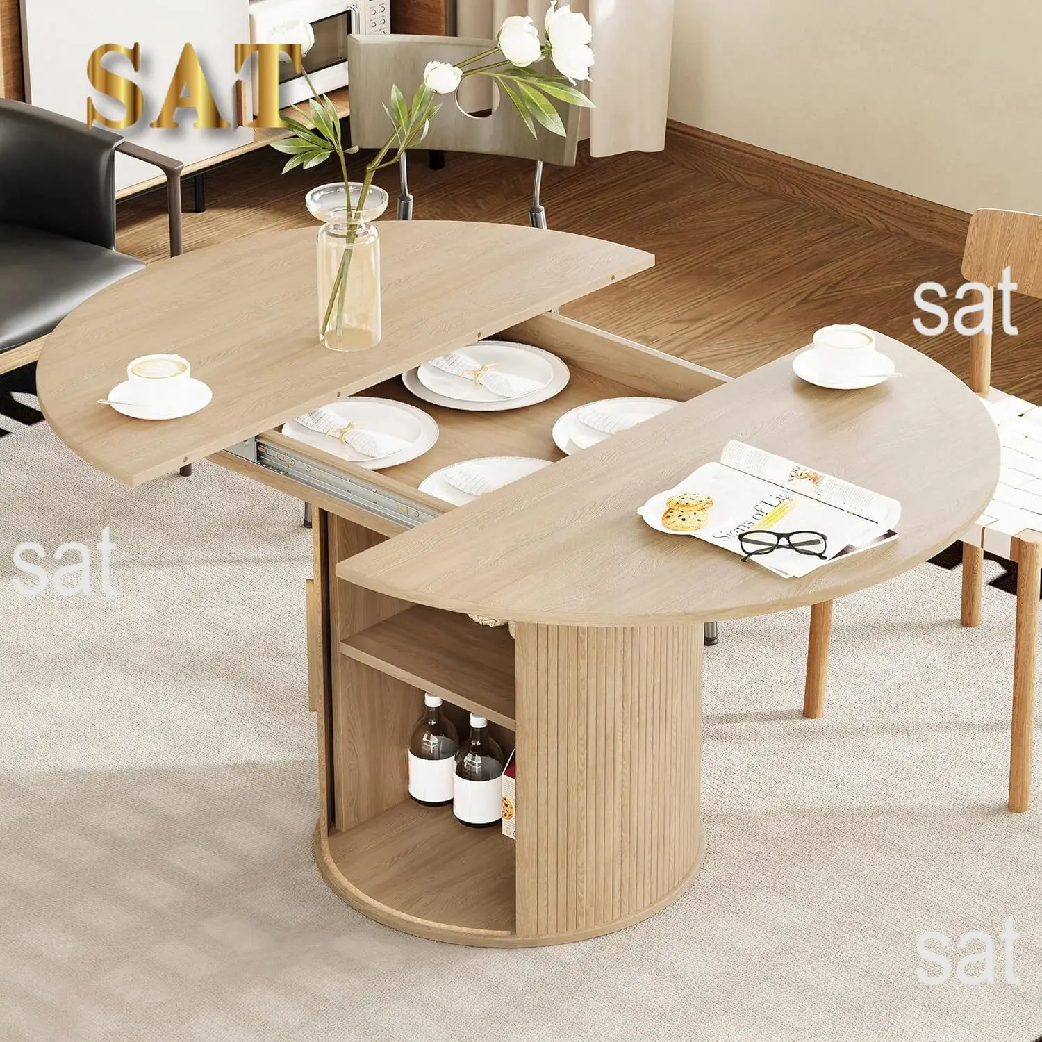 #Extendable Round-to-Oval Dining Table Hidden Storage Fluted Sliding Cabinet Kitchen Dining