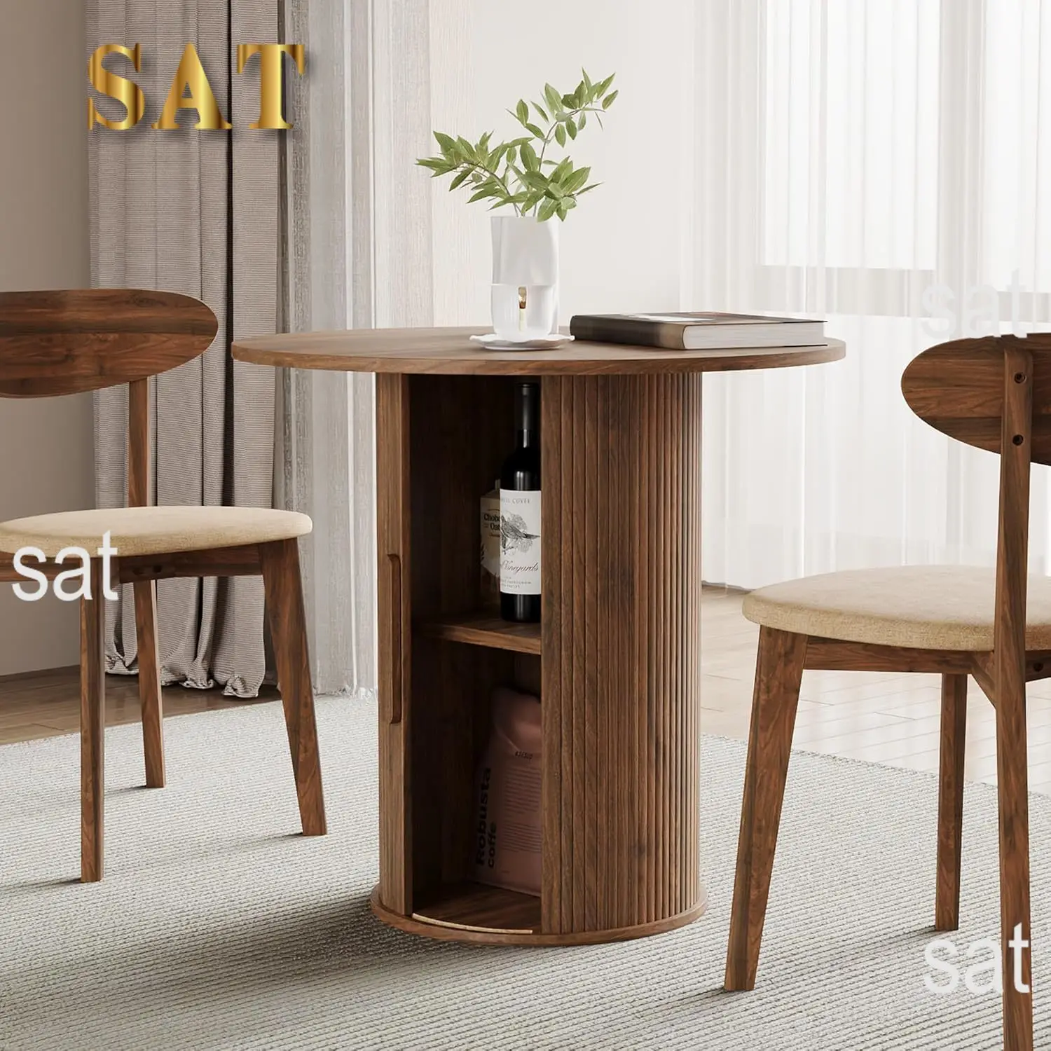 #Extendable Round-to-Oval Dining Table Hidden Storage Fluted Sliding Cabinet Kitchen Dining
