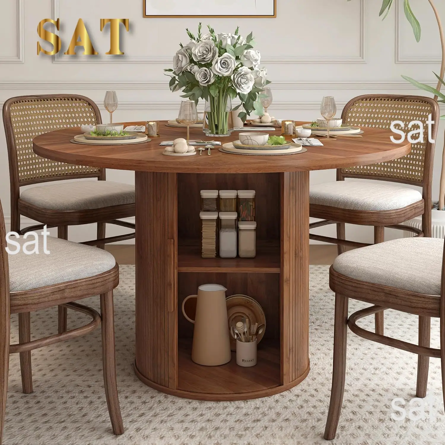#Extendable Round-to-Oval Dining Table Hidden Storage Fluted Sliding Cabinet Kitchen Dining