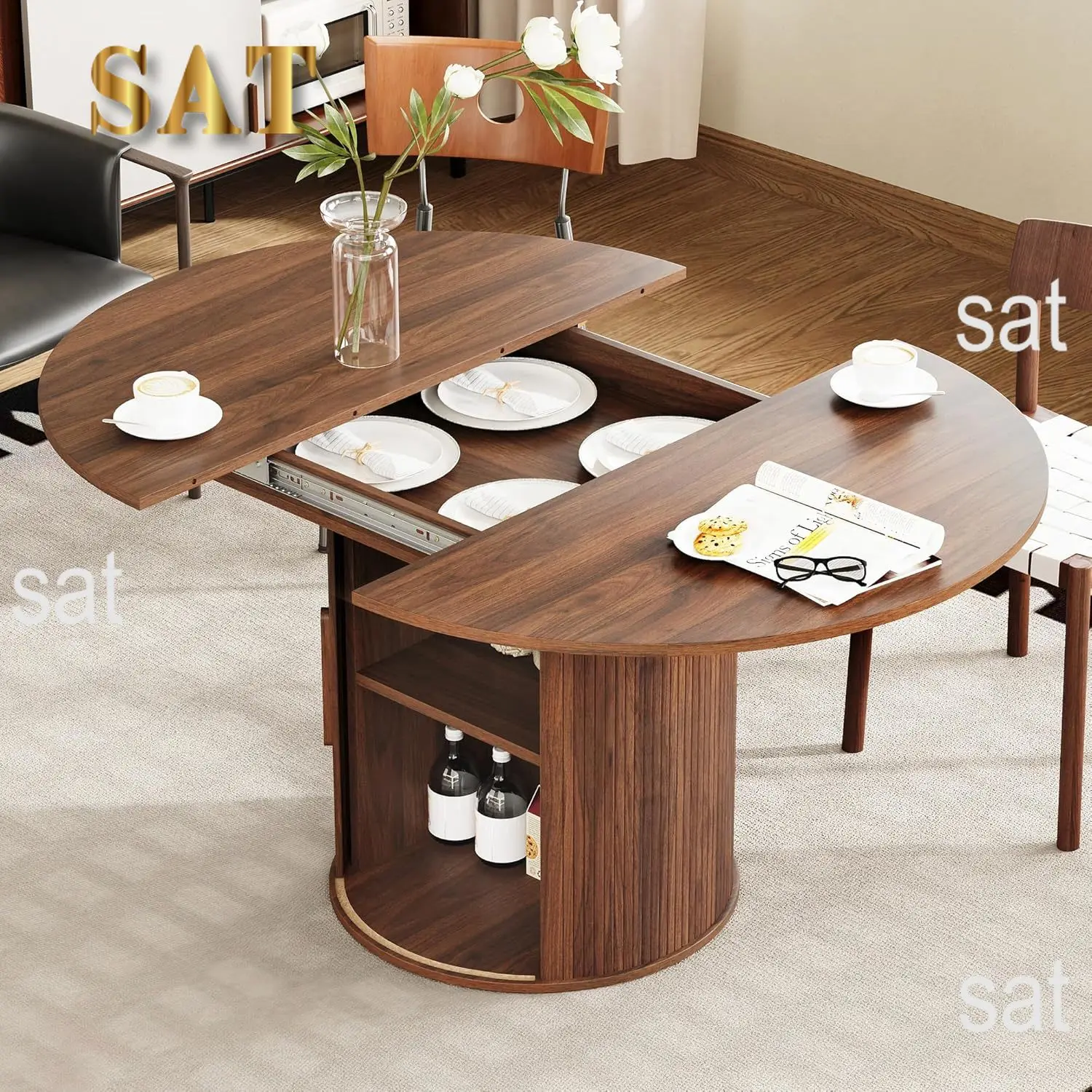 #Extendable Round-to-Oval Dining Table Hidden Storage Fluted Sliding Cabinet Kitchen Dining