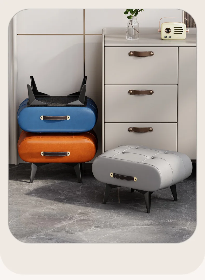 Small stool oil wax leather home door soft bag stool entry shoe stool light luxury simple living room foot pedal shoe