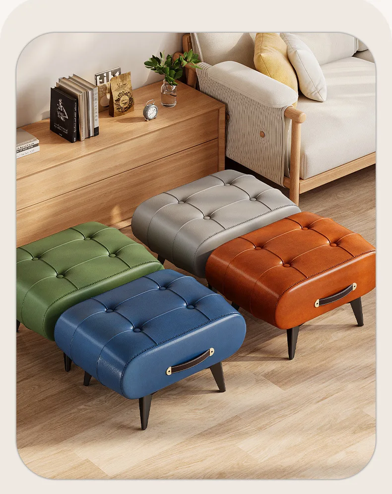 Small stool oil wax leather home door soft bag stool entry shoe stool light luxury simple living room foot pedal shoe