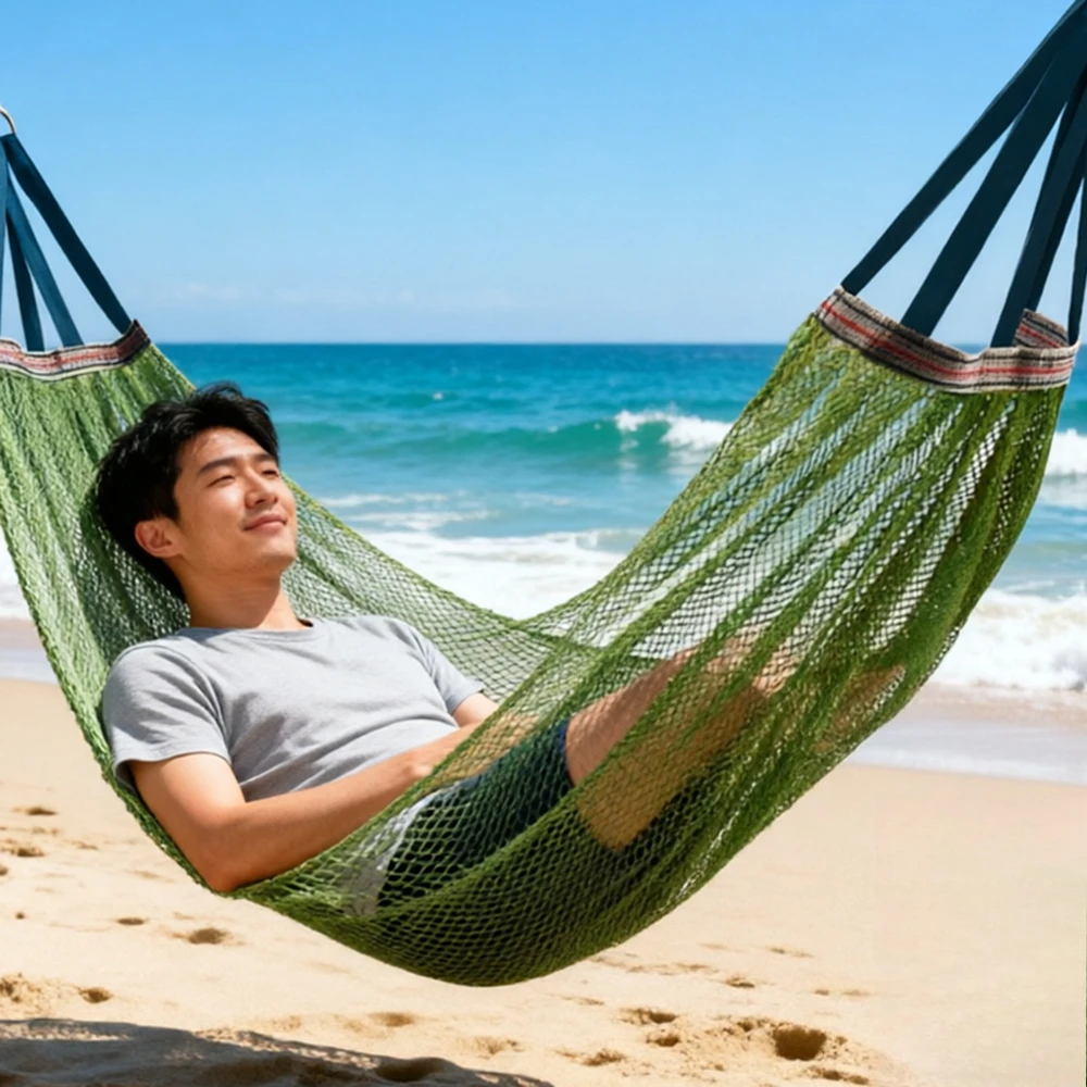 Ice Mesh Hammock with Curved Stick Anti Rollover Outdoor Swing Camping Travel Backyard Picnic Heavy Duty Portable