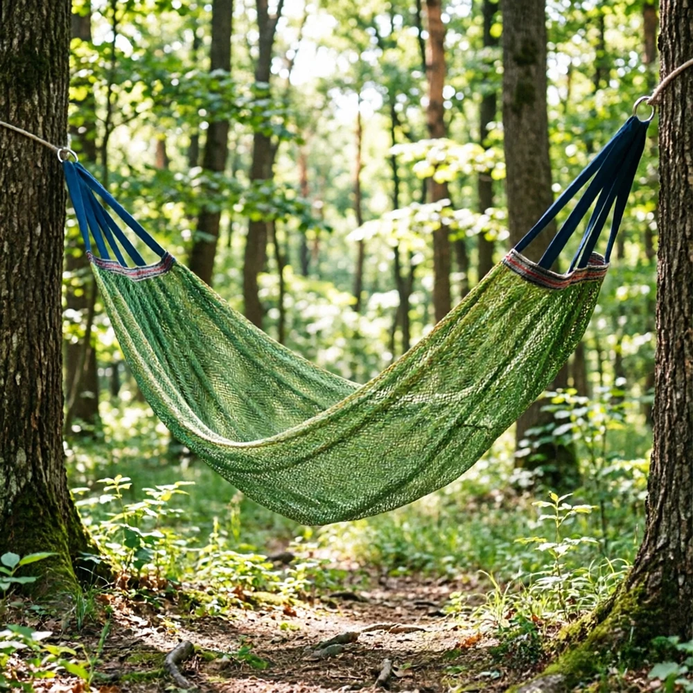 Ice Mesh Hammock with Curved Stick Anti Rollover Outdoor Swing Camping Travel Backyard Picnic Heavy Duty Portable