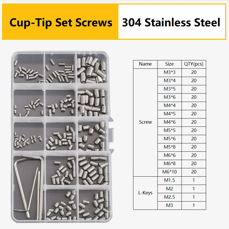 M3 M4 M5 M6 M8 304 316 Stainless Steel Hex Socket Drive Cone Dog Flat Cup Point Set Screw Assortment Kit Allen Head Grub Bolt