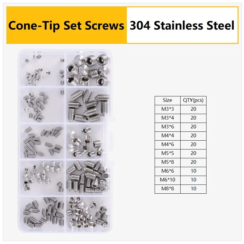 M3 M4 M5 M6 M8 304 316 Stainless Steel Hex Socket Drive Cone Dog Flat Cup Point Set Screw Assortment Kit Allen Head Grub Bolt