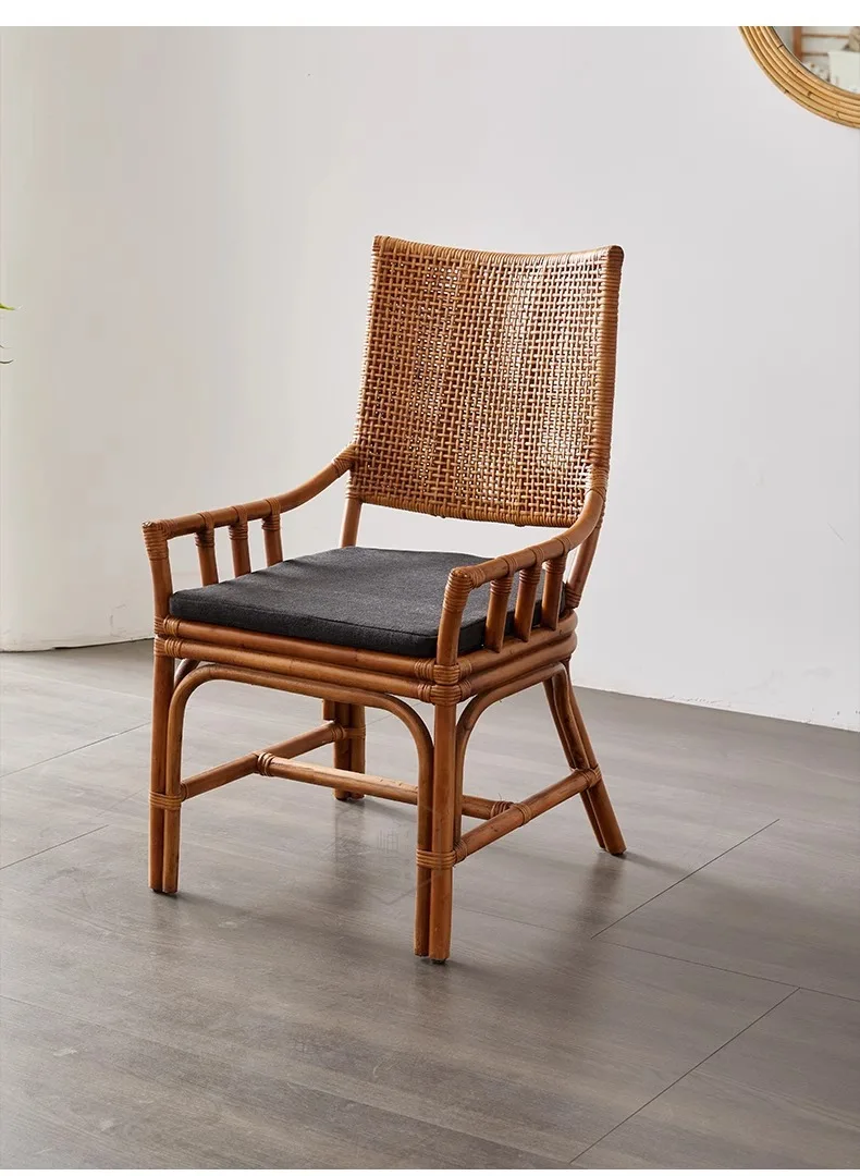 LTT Household Single Natural Rattan High Back Chair Dining Chair Round Comfortable Weaving