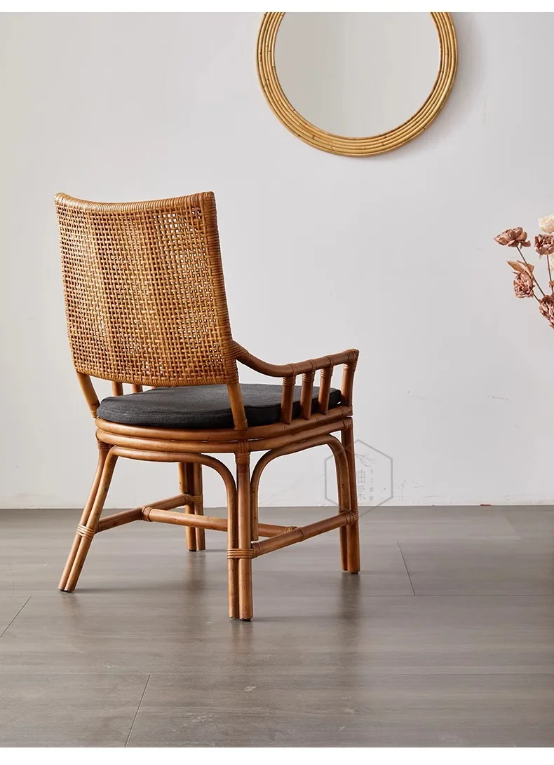LTT Household Single Natural Rattan High Back Chair Dining Chair Round Comfortable Weaving